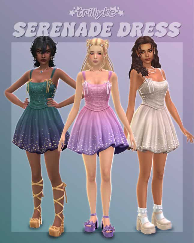 three female Sims wearing mini dresses with lace-up corset tops and gems