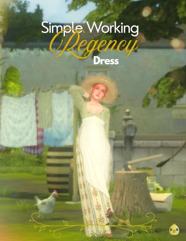 a female Sim with a garden wearing a simple working Regency dress