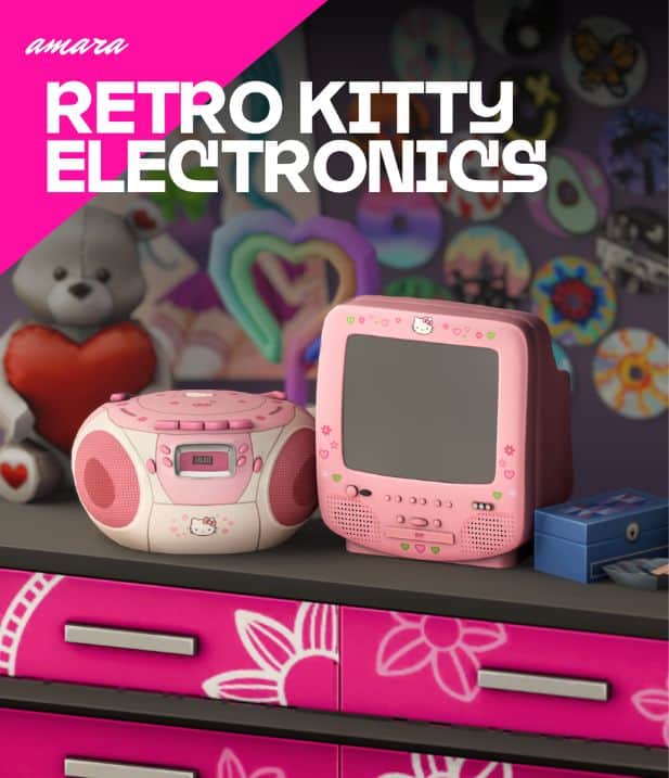 pink Hello Kitty themed electronics on a dresser