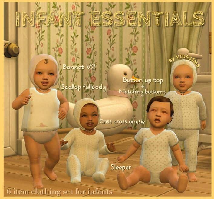 four infant Sims dressed in essential clothing pieces