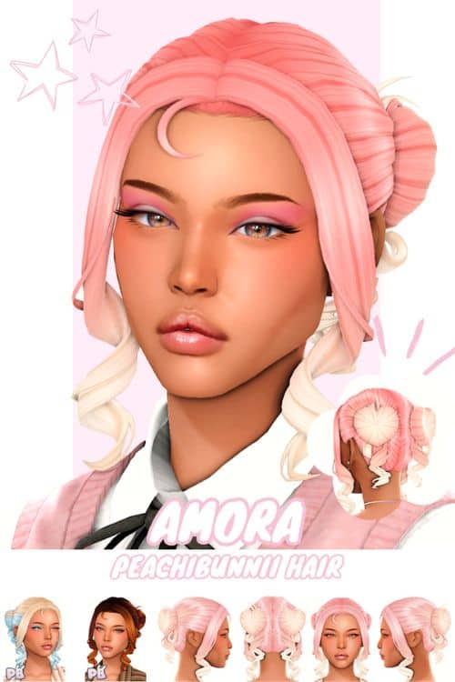 female Sim with pink, double heart-shaped buns