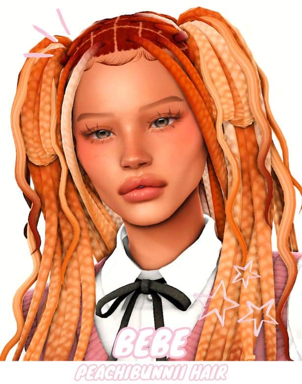 Female Sim with long chunky braided pigtails with loose wavy strands, baby hairs
