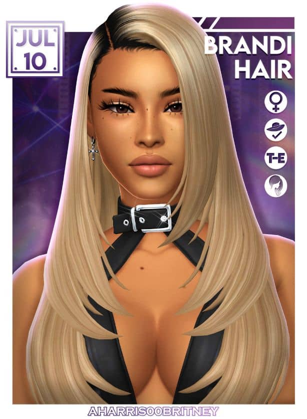 blond female Sim with a side part and long layered hair