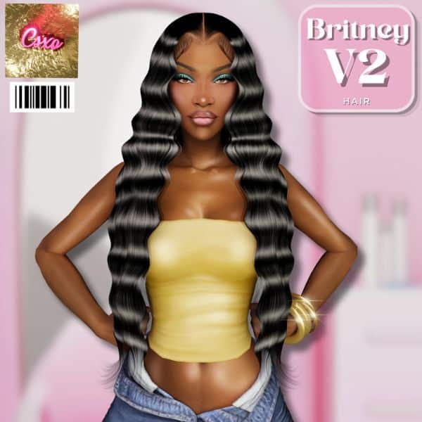 black female Sim with extra long cascading wavy hair