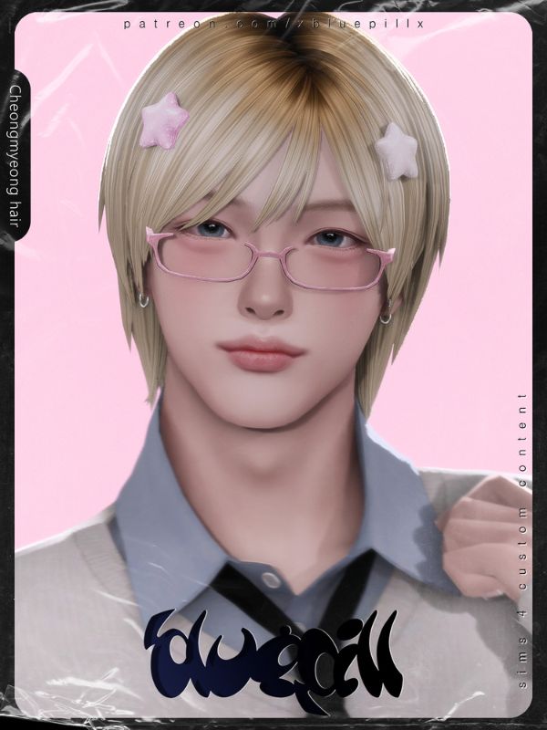 Blonde male Sim with a short, smooth, layered hairstyle