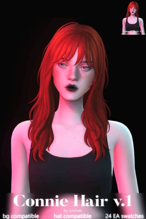 redhead female Sim with a medium-length layered hairstyle with bangs