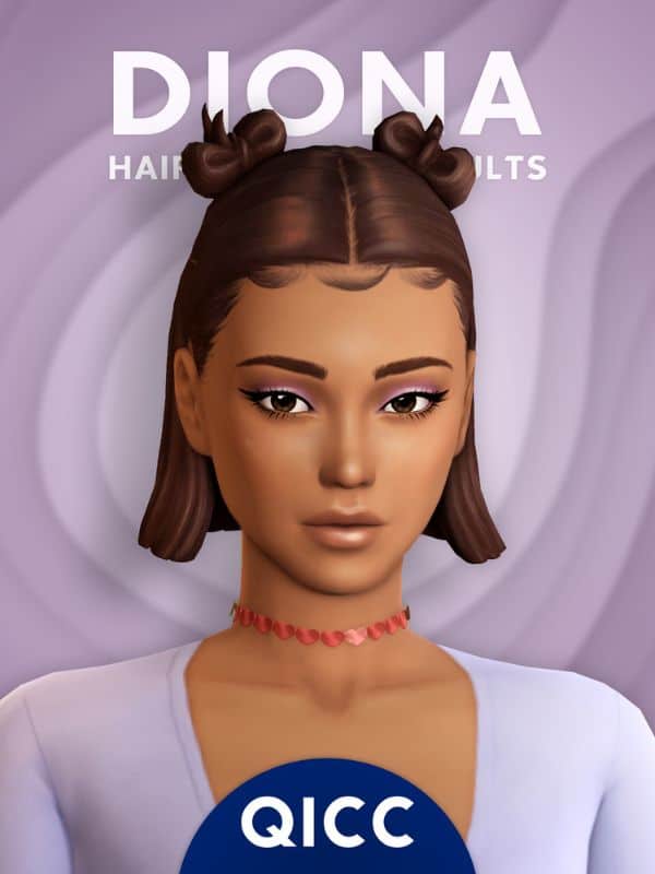 female Sim with a short bob hairstyle with two mini space buns, sleek center-parted hair, and laid baby hairs