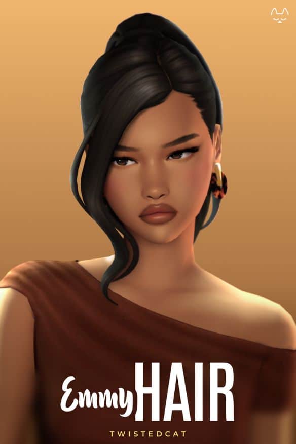female Sim with a high ponytail and long flowing, curled strand down the front