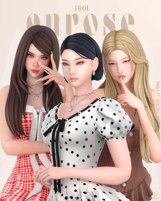 three female Sims with different stylish hairstyle and jewelry