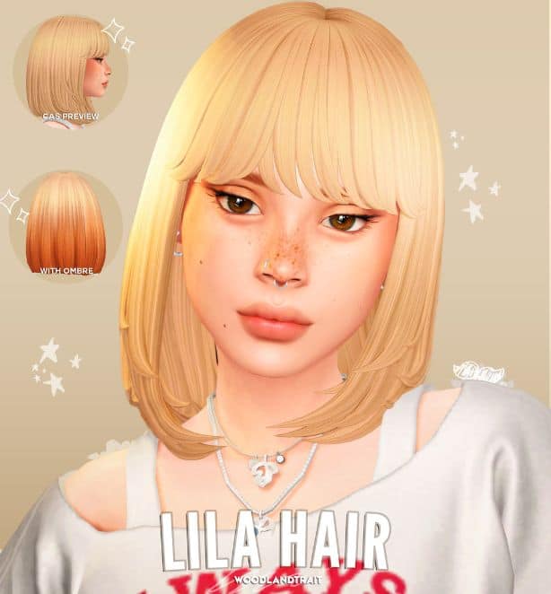 blond female Sim with a layered bob hairstyle and bangs