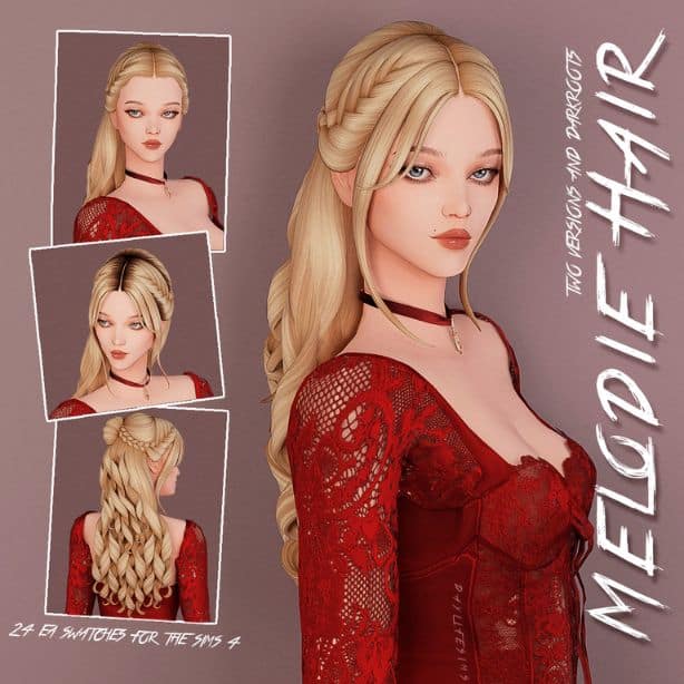 Blonde Sims 4 hairstyle with a braided crown, partial updo and curled tendrils