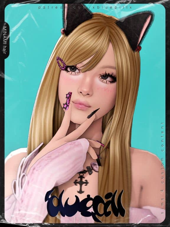 female Sim with a straight hairstyle, with bangs and wearing hat ears