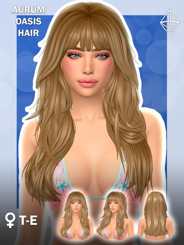 female Sims with a long, layered hairstyle and bangs