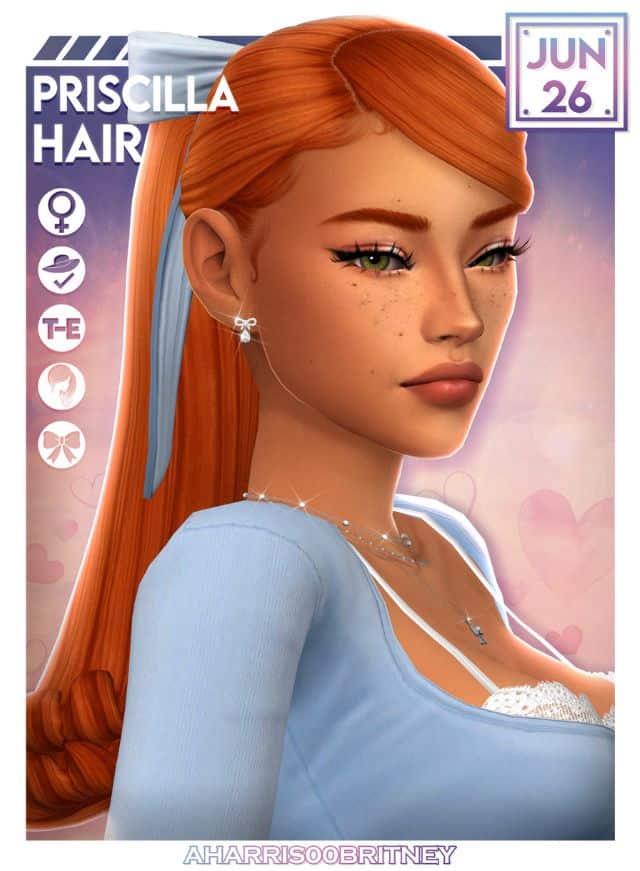 redhead female Sim with a ponytail and blue ribbon