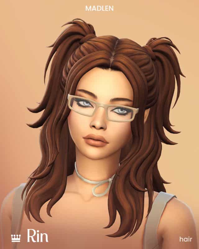female Sim with a messy, twin ponytail hairstyle