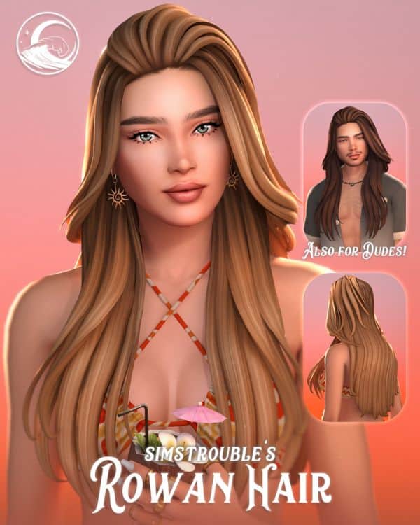 male and female Sim with long flowing hair and swept-back layers