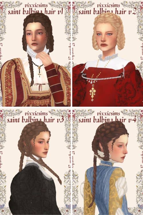 four female Sims modeling different versions of a hair inspired by Saint Balbina