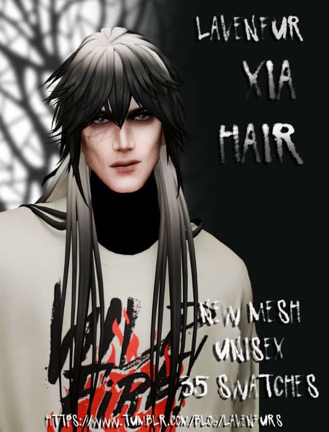 Male Sim with a long layered black-and-white shaggy hairstyle with bangs