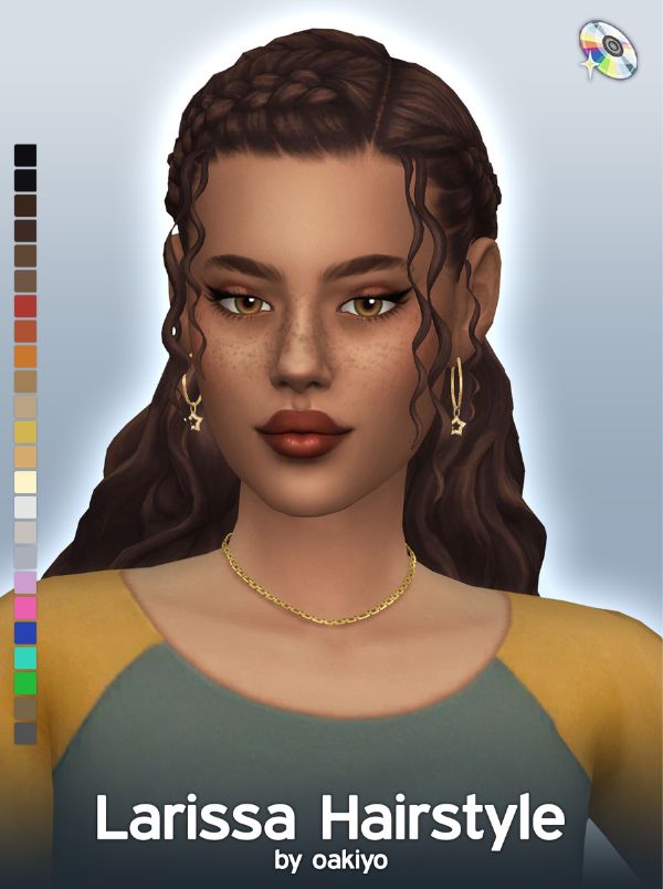 female Sim with a party updo bun with curly loose strands and a braid at the crown