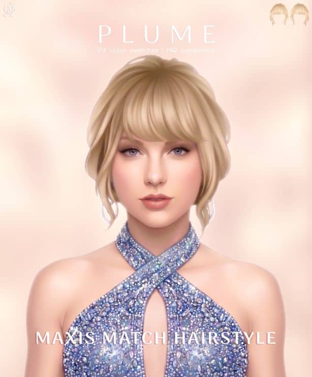Taylor Swift Sim with a low updo hairstyle and bangs
