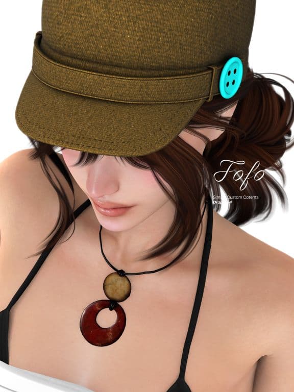 female Sim wearing a hat with button details