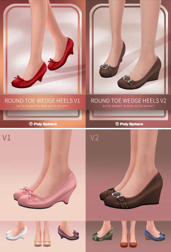 collage of round toe wedge heels shown in two variations