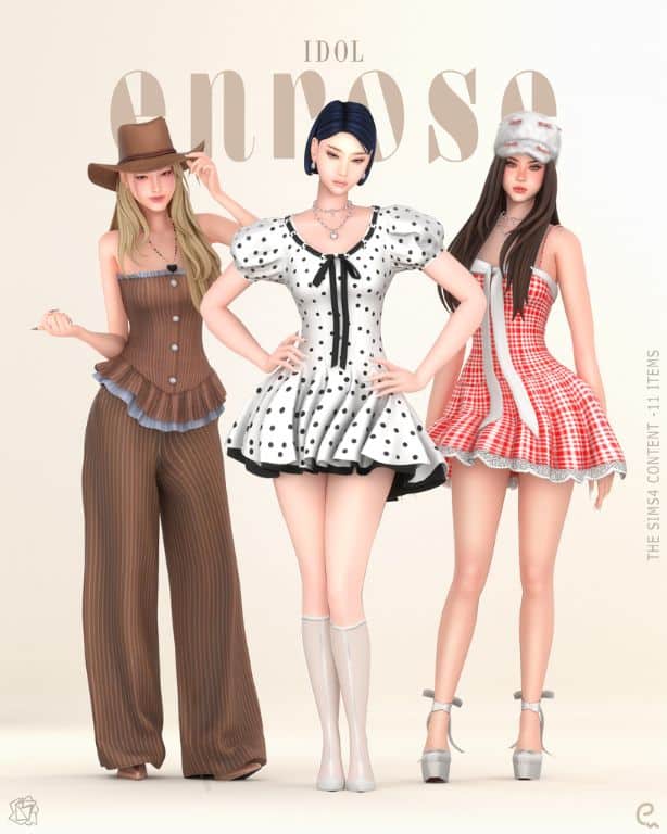 female Sims wearing K-Pop inspired dresses and outfits