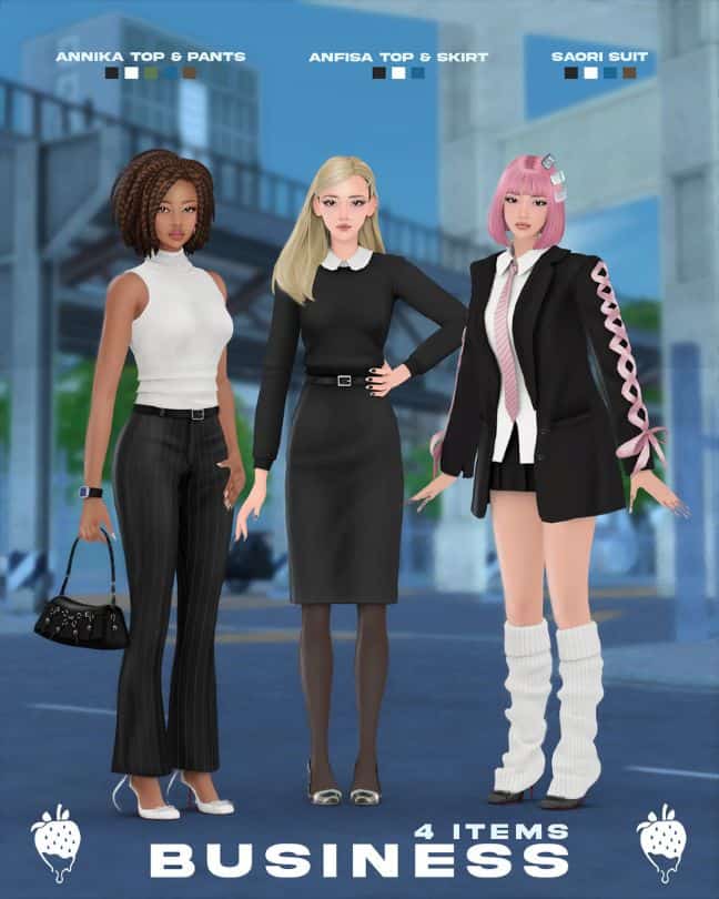 three female Sims dressed for the corporate office
