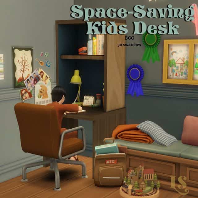 Sim kid sitting at a small wooden desk