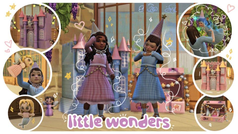 toddler Sims wearing dresses and playing with a dollhouse