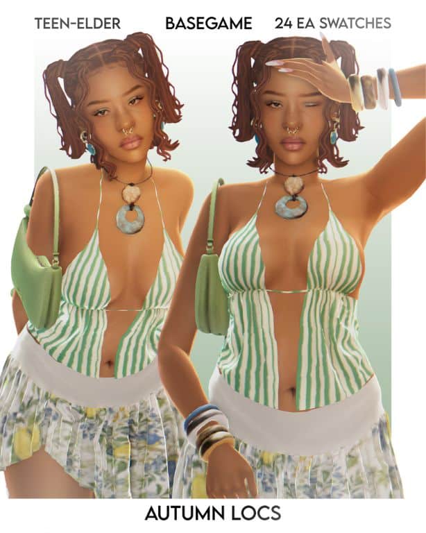 female Sim with bob locs hairstyle with pigtails