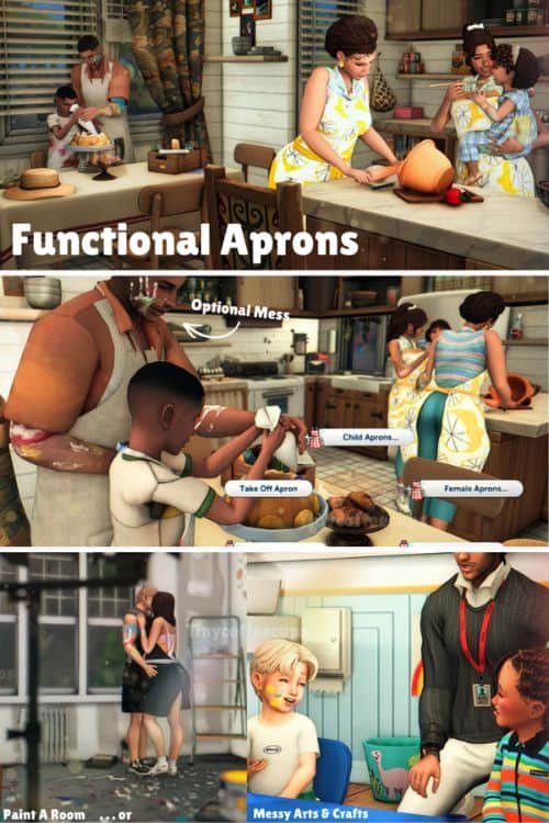 Sims wearing aprons and working the kitchen and painting