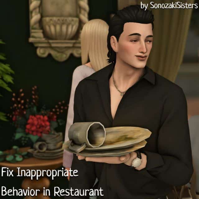 male Sim busting tables at a restaurant
