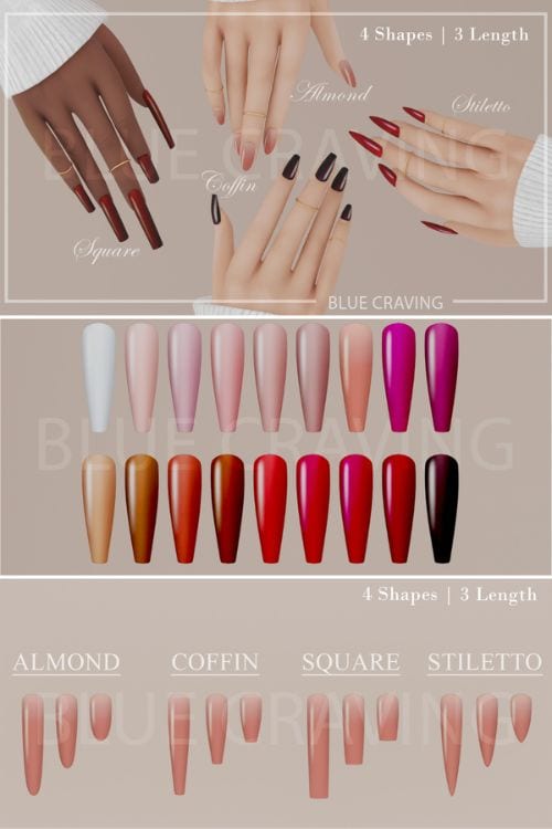 collage of different nails shapes, and lengths