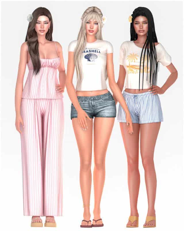 three female Sims wearing summer outfits