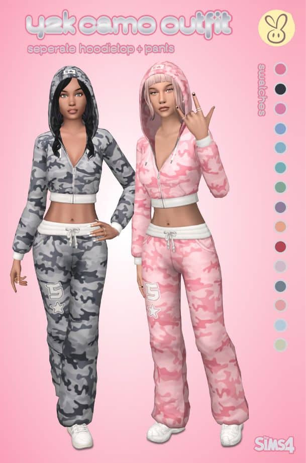 two female Sims wearing Y2K camo outfits
