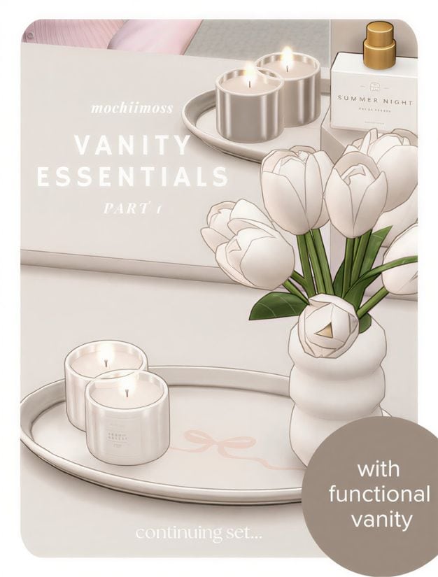a vanity counter with a jewelry tray, candles, and tulips in a case