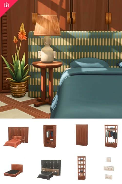 luxury Sims 4 bedroom CC set with modular upholstered bed, wooden wardrobe system, shelving, and integrated bedside storage