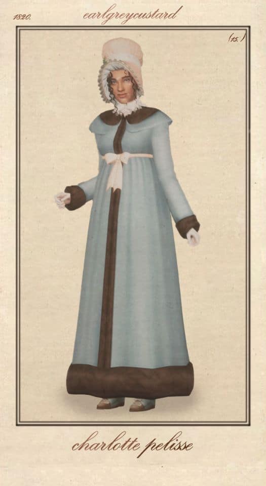 female Sim wearing a pelisse with fur trim