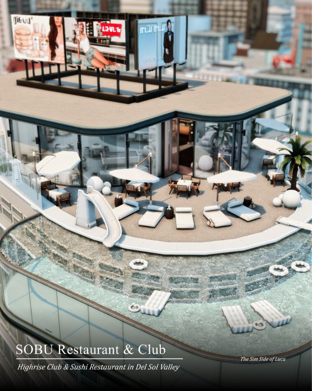 a fancy restaurant and club with an outdoor pool and lounge chairs