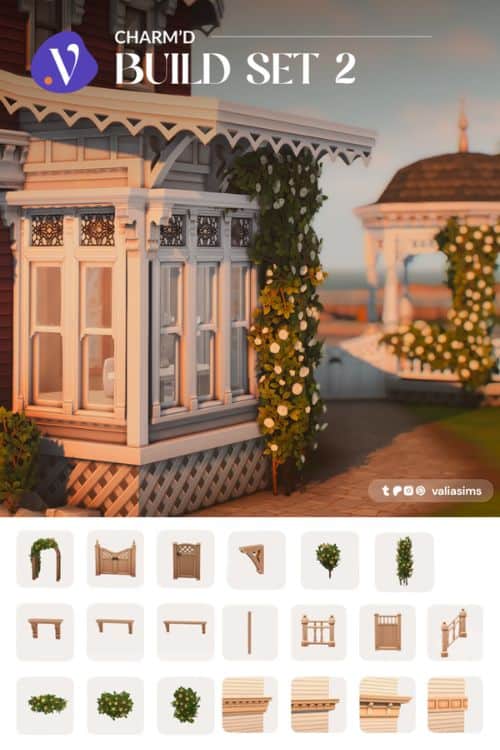 Victorian-themed Sims 4 build CC set featuring fences, gates, rose bushes, wedding arch, columns, trims, and decorative architectural details.