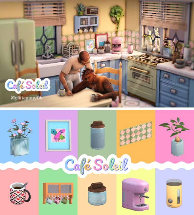 two male Sims enjoying their colorful kitchen setup