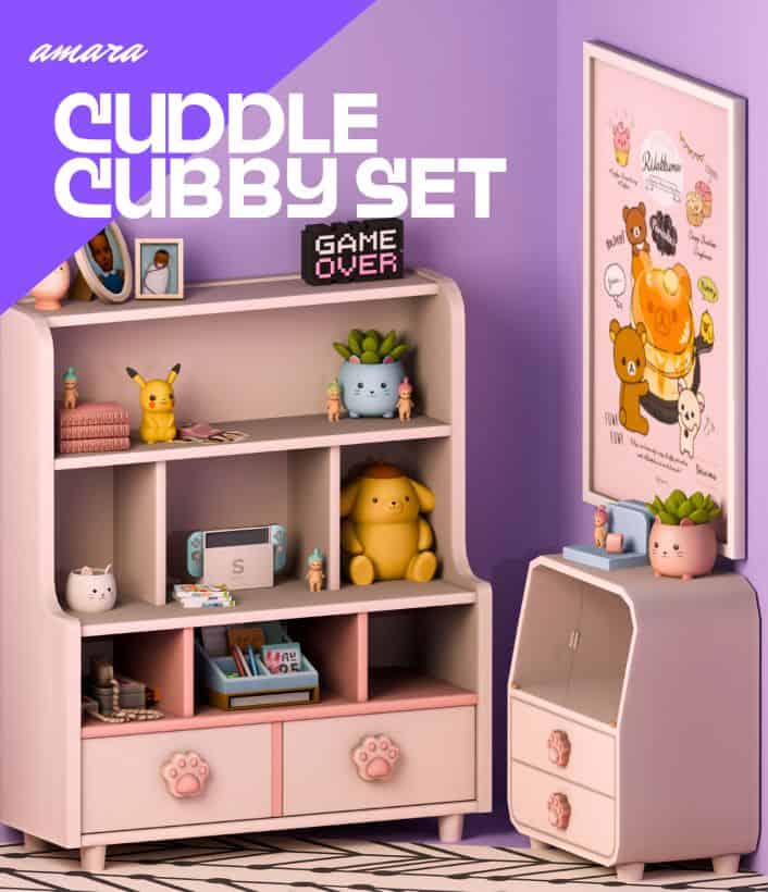 a light pink cubby set with decor