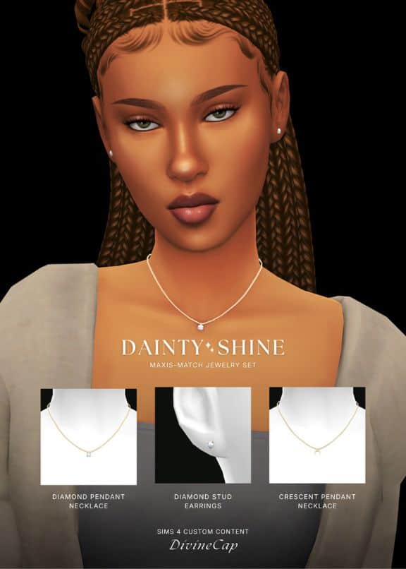 female Sims wearing delicate diamond stud earrings and a necklace