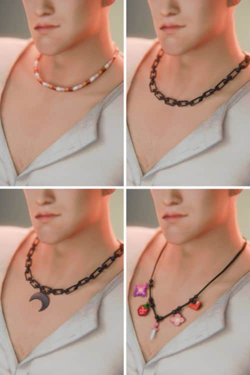 collage of males Sims modeling four different necklaces
