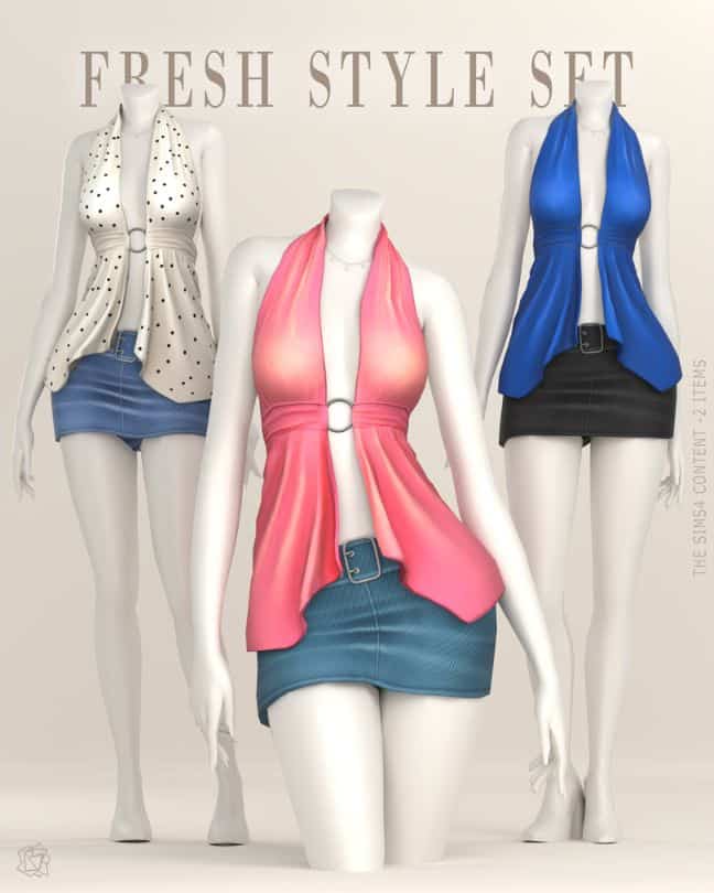 mannequins displaying halter tops and mini denim skirts