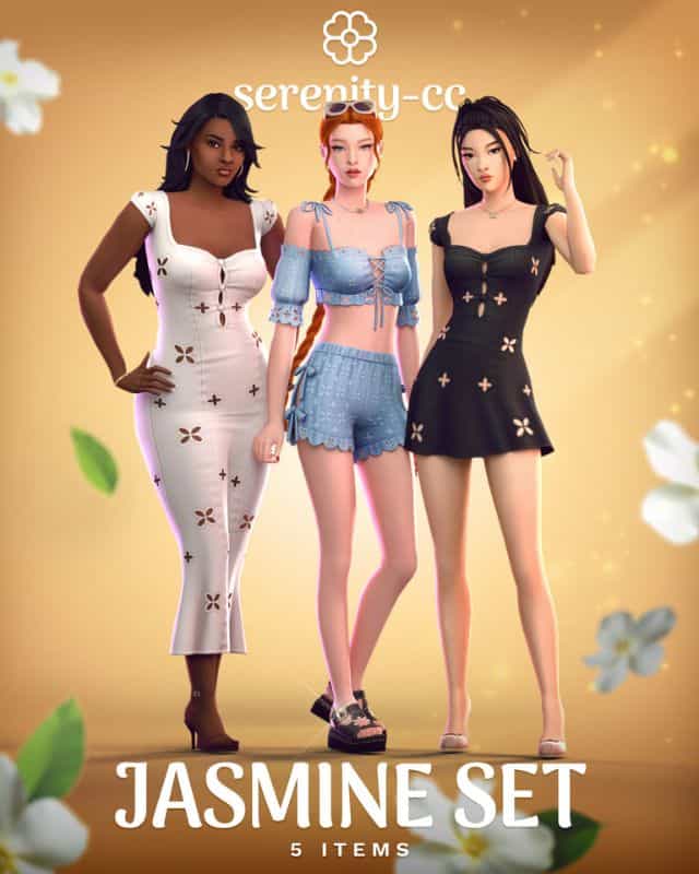 female Sims wearing stylish summer outfits