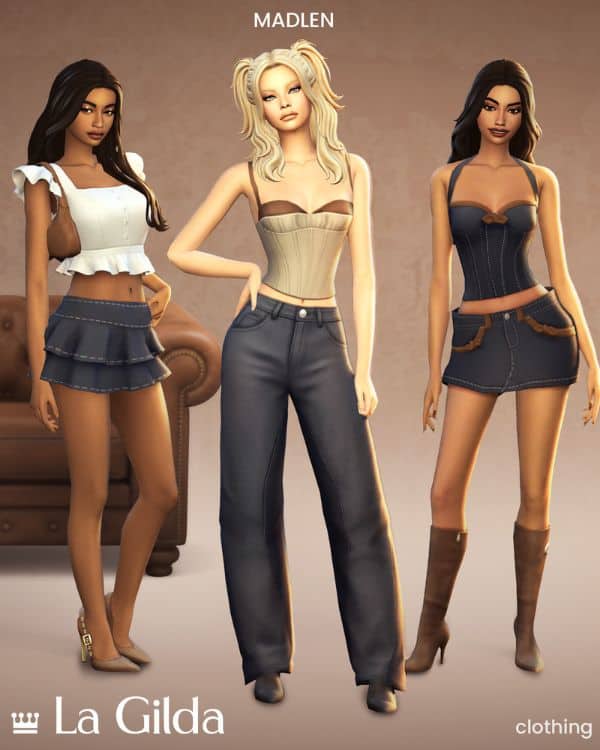 three female Sims wearing modern, western-inspired outfits