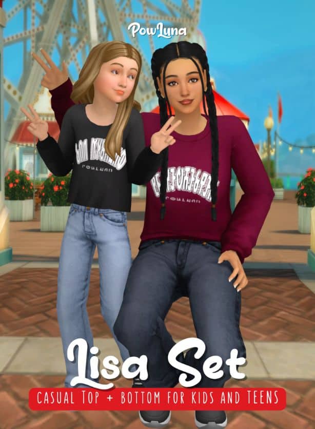 child and teen Sims wearing matching outfits