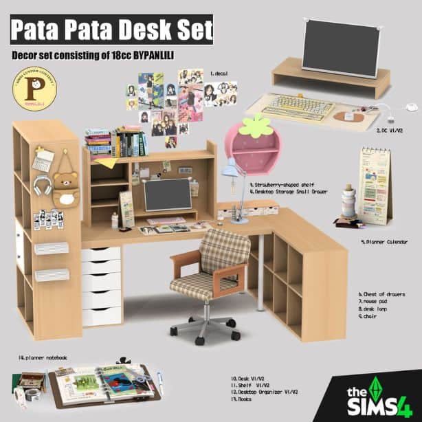 a messy desk set up with clutter and decor